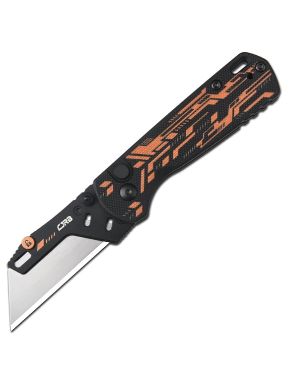 Boxer Button Lock Folding Utility Knife Black Mechanical G10 Handle (2.30'' Steel Blade, with 10 Extra Blades) J1967-BBK
