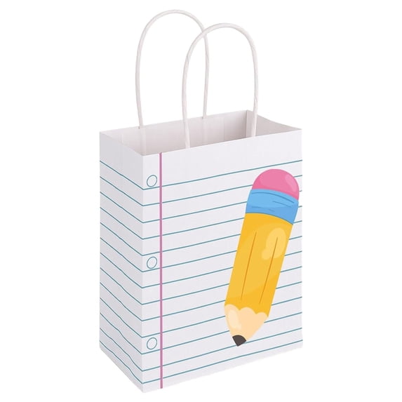 CJWD 1Pc Teacher Appreciation Bag, Pencil Pattern Paper Gift Bag with Handle for Educator Thank You Gifts, 8.3 x 5.9 Inch Medium Stationery Theme Favor Bag for Graduation Retirement