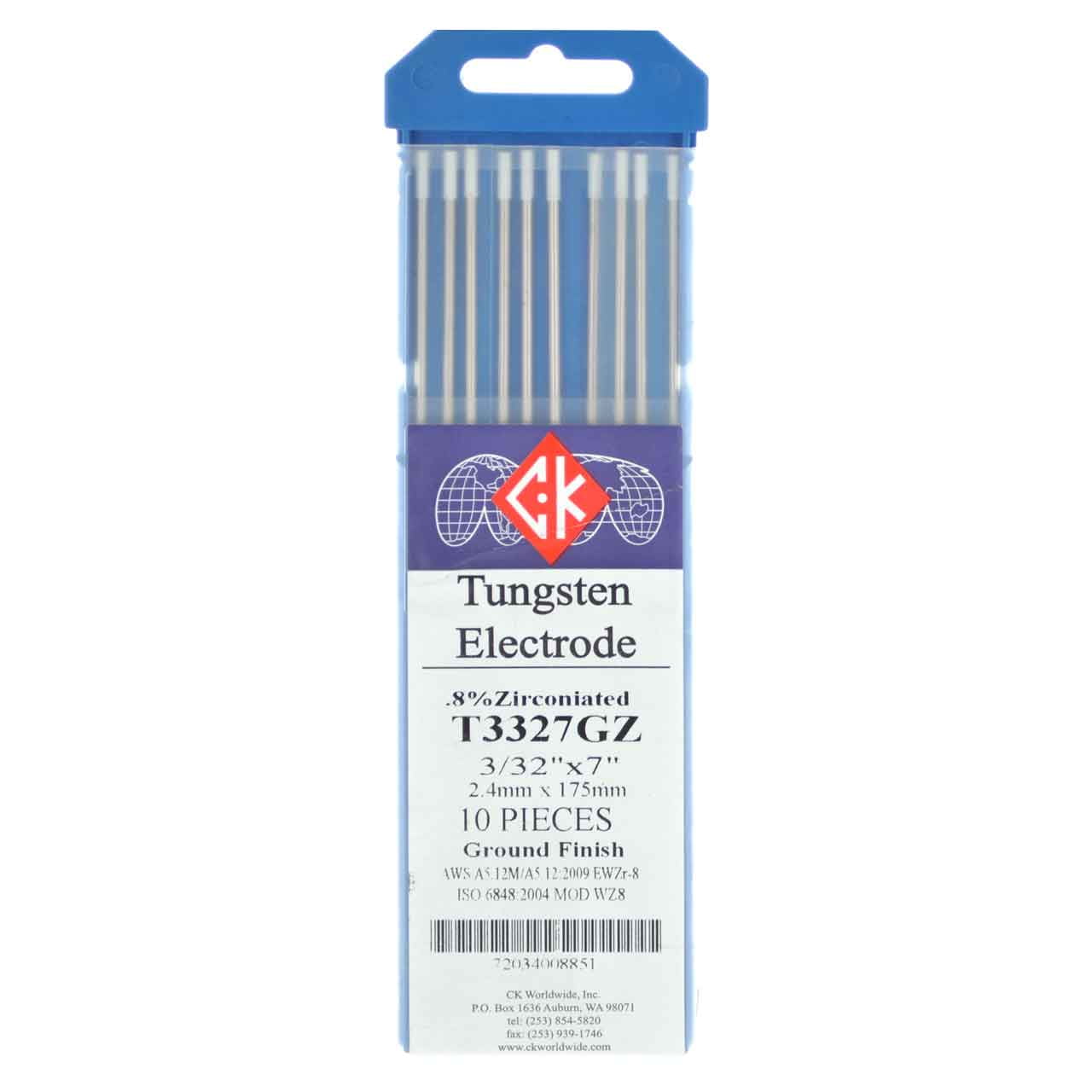 CK T3327GZ 0.8 Zirconiated Tungsten Electrode 3/32" X 7", 10 pack