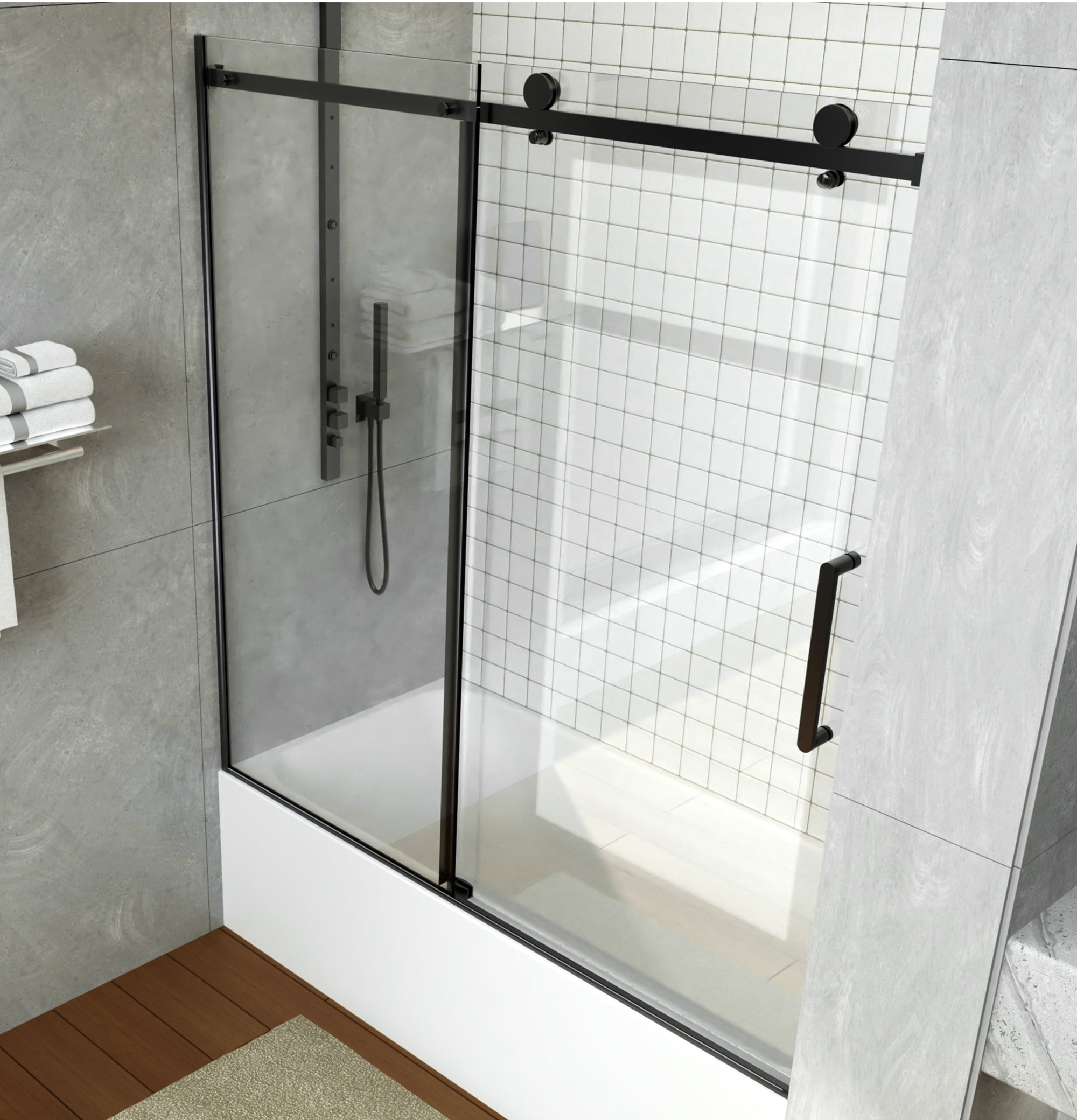 CKB Matte Black Frameless Sliding Bathtub Shower Door with Tempered Glass