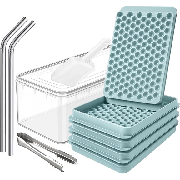 CKE Mini Ice Cube Tray Pack of 4 Round Ice Mold Trays Carry 104 Tiny Pebble Cubes Freezer Ice Tray with Bin Stainless Steel Straw & Ice Scoop Easy Release BPA-Free for Coffee, Cocktails, Drinks