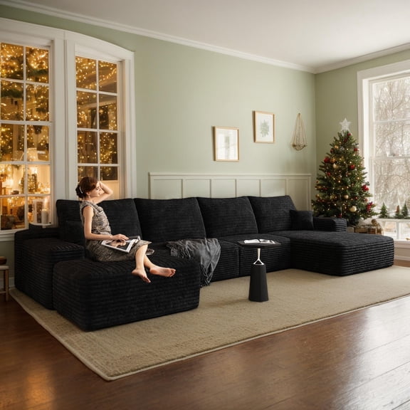 CKEASEA 135" Oversized Corduroy U Shaped Modular Sectional Sofa for Living Room, Boneless Couch with Right Facing Chaise & Ottoman,No Assembly Required, Convertible Sleeper Couch Compressed Foam Sofa