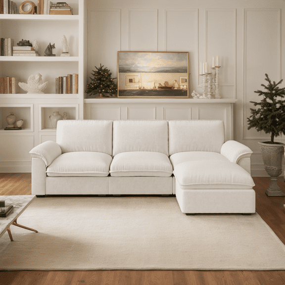 CKEASEAN 102" Modular Sectional Sofa with Ottoman, 3-Seater L Shape Upholstered Cloud Couch with Pillow, Comfy Chenille Sleeper Sectional Couch for Living Room, Easy Assembly