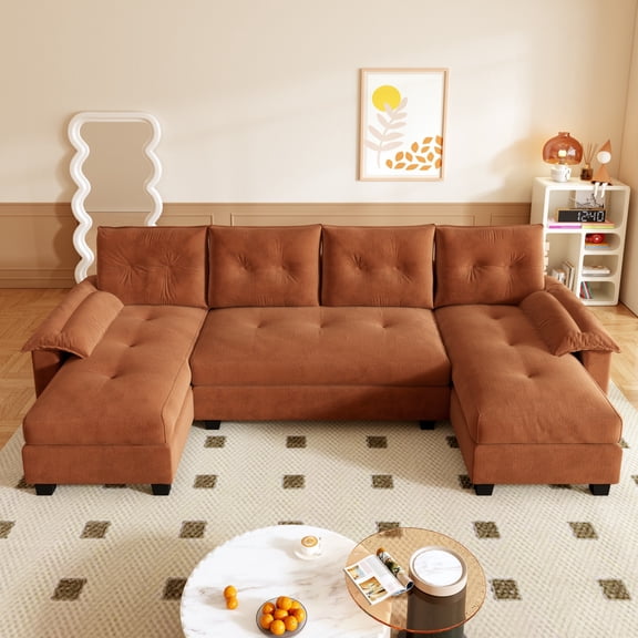 CKEASEAN 104.7'' Chenille Oversized Convertible Futon Sofa Bed, Comfy U-Shaped Modular Sectional Sleeper Sofa with Double Chaise, USB Ports, Adjustable Backrest, Modern Futon Couch for Living Room