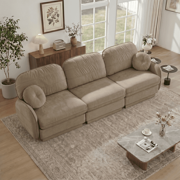 CKEASEAN 105" Chenille Cloud Sectional Couch, 3-Seater Modular Sectional Sofa with Round Pillows & Base Frame Legs, Deep Seat & Easy Assembly, Comfy Sofa Couches for Living Room