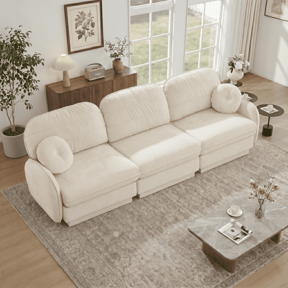 CKEASEAN 105" Chenille Cloud Sectional Couch, 3-Seater Modular Sectional Sofa with Round Pillows & Base Frame Legs, Deep Seat & Easy Assembly, Comfy Sofa Couches for Living Room