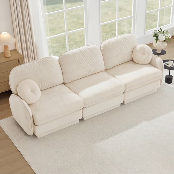 CKEASEAN 105" Chenille Cloud Sectional Couch, 3-Seater Modular Sectional Sofa with Round Pillows & Base Frame Legs, Deep Seat & Easy Assembly, Comfy Sofa Couches for Living Room