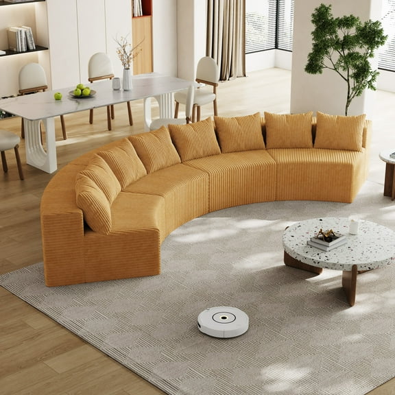 CKEASEAN Curved Modular Sectional Sofa Set, Corduroy Convertible Sectional Boneless Couch with 8 Pillows & Deep Seat, No Assembly Required, 4-Seater Cloud Sofa Couches for Living Room/Bedroom