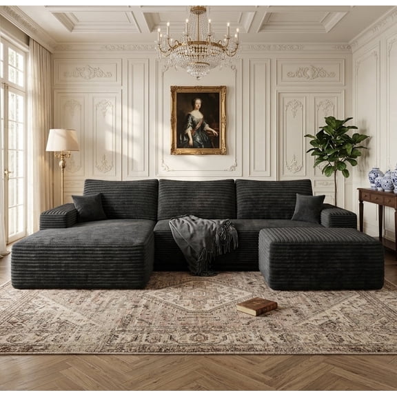 CKEASEAN 107" U-Shaped Modern Modular Sectional Sofa with Left Facing Chaise & Ottoman, Oversized Corduroy Boneless Couches with Deep Seat, Comfy Cloud Couch for Living Room,No Assembly Require