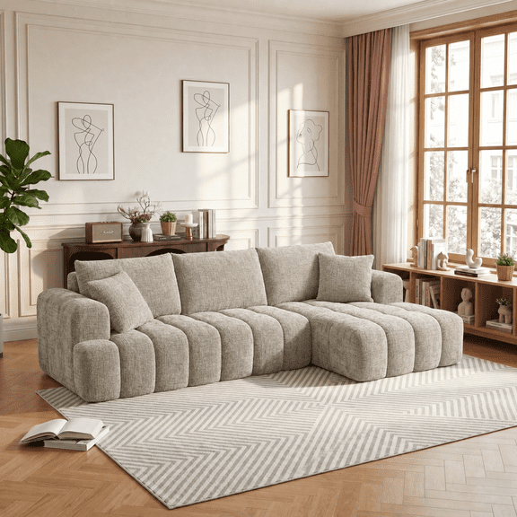 CKEASEAN 108" L-Shaped Sectional Sofa, Compressed Boneless Cloud Couch with Right Chaise & Pillows, Chenille Upholstered 4-Seater Modular Sofa for Living Room, No Assembly