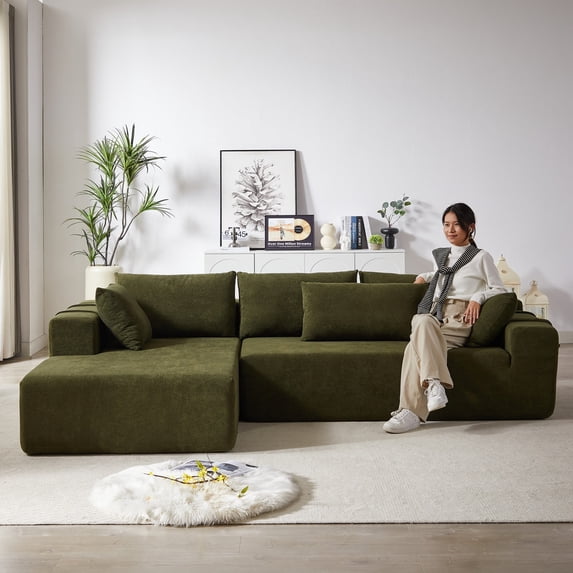 CKEASEAN 108" Modular Upholstered Boneless Sofa Couch, Deep Seat Sectional Couch with L-Shape Chaise & 6 Pillows, No Assembly Required, Comfy Cloud Chenille Compression Sofa for Living Room/Bedroom