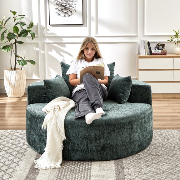 CKEASEAN 55'' Oversized Chenille Round Chair Lounge Chaise Indoor, Upholstered Cloud Large Circle Sofa Chair with Deep Seat, No Assembly Required, Fluffy Modern Floor Sleep Sofa for Living Room