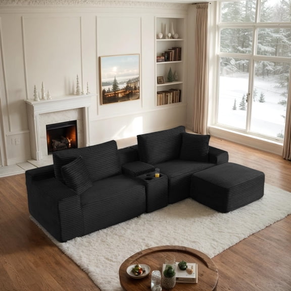 CKEASEAN 111" Cloud Boneless Sofa Couch with Cup Holder & Storage Box, Modern Corduroy L Shaped Modular Sectional Sofa with Ottoman, USB Ports, No Assembly Required, Couches for Living Room
