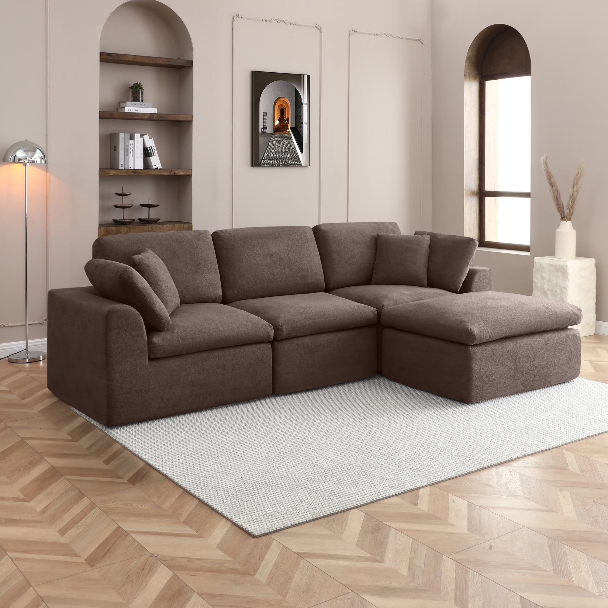 CKEASEAN 111" L Shape Modular Sectional Sofa with Movable Ottoman, Oversized Convertible 3-Seater Cloud Sectional Couch, Comfy Boneless Couches for Living Room/Apartment, No Assembly Required