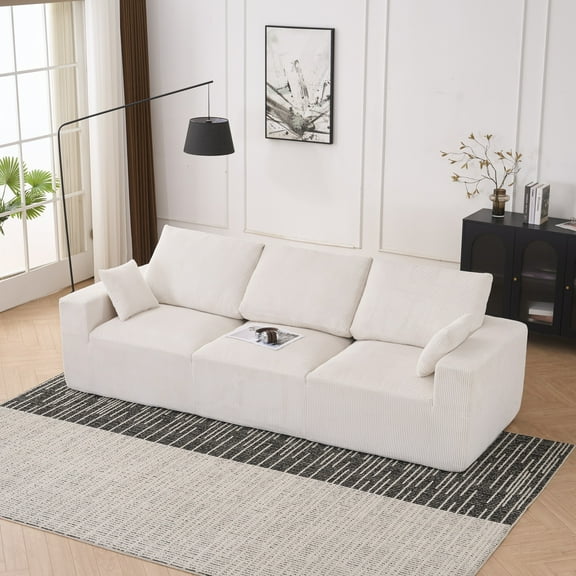 CKEASEAN 113" Oversized Corduroy Boneless Modular Sofa with 2 Pillows, Cloud Couch Sectional with Extra-Wide Seat Cushion, USB and Type-C Charger, No Assembly Required, for Living Room