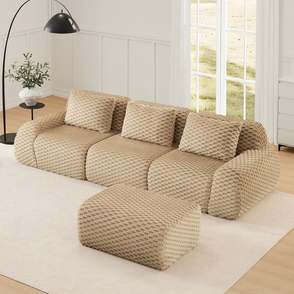CKEASEAN 114" Flannelette Modular Boneless Sectional Sofa with Highly Textured, 32D High Density Sponge Couch with 3 pillows, No Assembly Required, Comfy Compression Sofa with Ottoman for Living Room