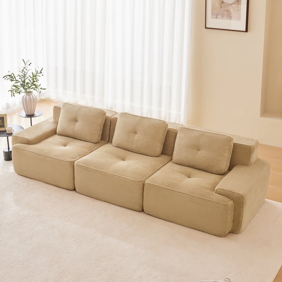CKEASEAN 117" Corduroy Modular Sectional Boneless Couch with Deep Seat, 3-Seater Cloud Sectional Couches, Memory Foam, Convertible Compressed Sofa for Living Room, No Assembly Required