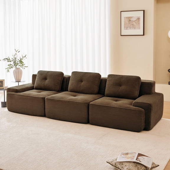 CKEASEAN 117" Corduroy Modular Sectional Boneless Couch with Deep Seat, 3-Seater Cloud Sectional Couches, Memory Foam, Convertible Compressed Sofa for Living Room, No Assembly Required