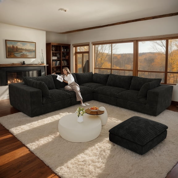 CKEASEAN 118.2" Corduroy Boneless Cloud Sectional Couch for Living Room, V-Shaped Corner Flexible Modular Sectional Couches, No Assembly Required, Cozy Fluffy Sofa with Thick Cushion & Ottoman