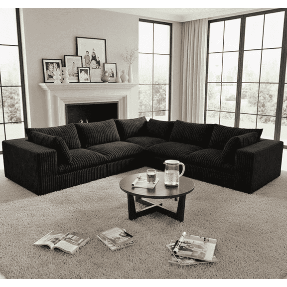 CKEASEAN 118.2" Corduroy Boneless Cloud Sectional Couch for Living Room, V-Shaped Corner Flexible Modular Sectional Couches, No Assembly Required, Thick Cushion, Cozy Fluffy Sofa for Apartment