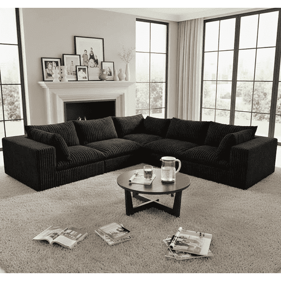 CKEASEAN 118.2" Corduroy Boneless Cloud Sectional Couch for Living Room, V-Shaped Corner Flexible Modular Sectional Couches, No Assembly Required, Thick Cushion, Cozy Fluffy Sofa for Apartment