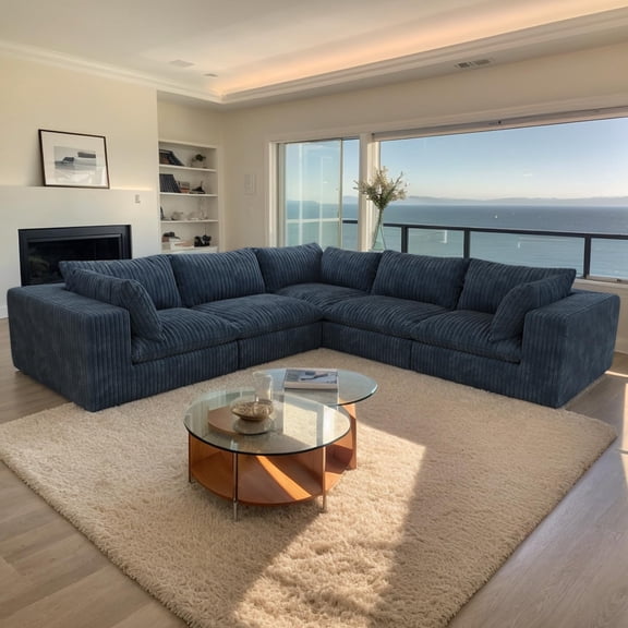CKEASEAN 118.2" Corduroy Boneless Cloud Sectional Couch for Living Room, V-Shaped Corner Flexible Modular Sectional Couches, No Assembly Required, Thick Cushion, Cozy Fluffy Sofa for Apartment
