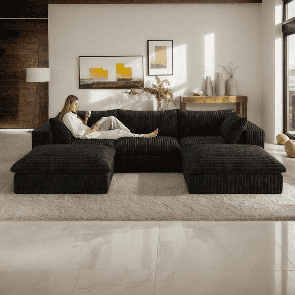 CKEASEAN 118" Corduroy Modular Sectional Boneless Sofa Couch, Oversized Cloud Couches with 2 Ottoman, No Assembly Required, U Shape Deep-Seat Cozy Fluffy Sofa for Apartment