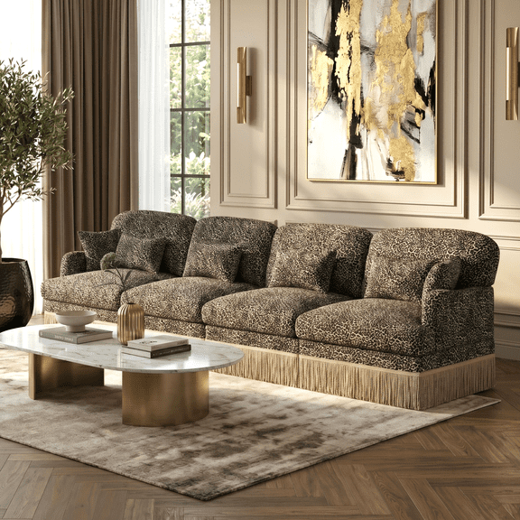CKEASEAN 131" Comfy Chenille Leopard Printing Modular Sectional Sofa, 4-Seater Cloud Couches with Delicate Tassel Edge, Throw Pillows , Ergonomic Back and Deep Seat Design for Living Room