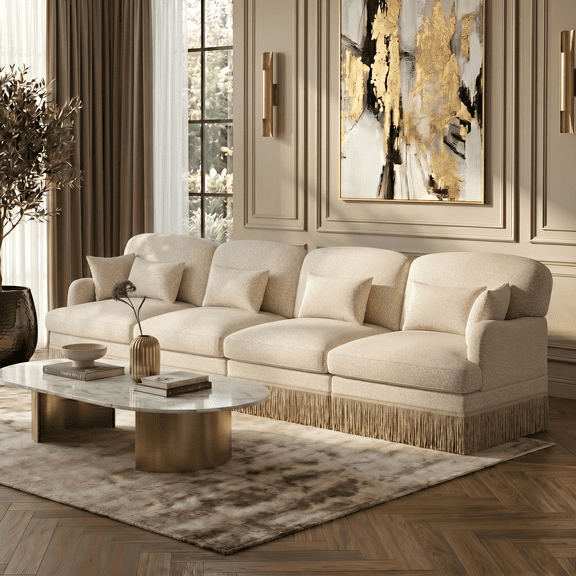 CKEASEAN 131" Comfy Chenille Leopard Printing Modular Sectional Sofa, 4-Seater Cloud Couches with Delicate Tassel Edge, Throw Pillows , Ergonomic Back and Deep Seat Design for Living Room