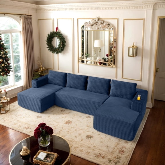 CKEASEAN 132" Modern Corduroy Boneless Sectional Couch with 2 Cup Holders, Oversized U-Shaped Modular Sectional Sofa with Double Chaise, Large Sectional Couches for living Room, No Assembly Required