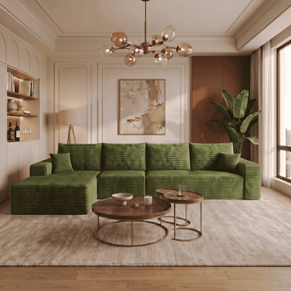 CKEASEAN 135" Corduroy Oversized Boneless Sectional Sofa with L-Shape Left Chaise, Modern Modular Cloud Couch Sectional with Deep Seat, Boneless Couch for Living Room, No Assembly Required