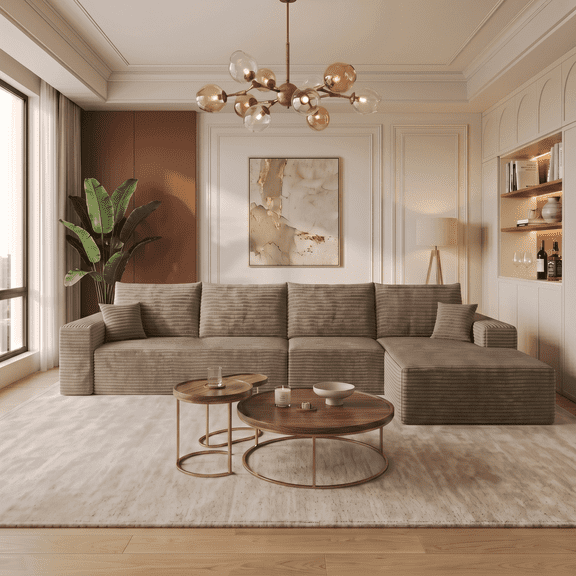 CKEASEAN 135" Oversized Boneless Couch with L-Shape Right Chaise, Modern Modular Sectional Sofa with Deep Seat, No Assembly Required, Cloud Sectional Couch with Corduroy Fabric, Rack for Living Room
