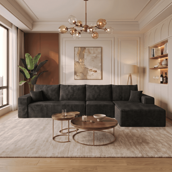 CKEASEAN 135" Oversized Boneless Couch with L-Shape Right Chaise, Modern Modular Sectional Sofa with Deep Seat, No Assembly Required, Cloud Sectional Couch with Corduroy Fabric, Rack for Living Room
