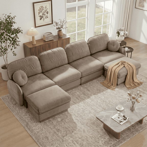 CKEASEAN 137" Chenille Cloud Sectional Couch with Ottomans, 3-Seater Modular Sectional Sofa with Round Pillows & Base Frame Legs, Deep Seat & Easy Assembly, U Shape Comfy Sofa Couches for Living Room