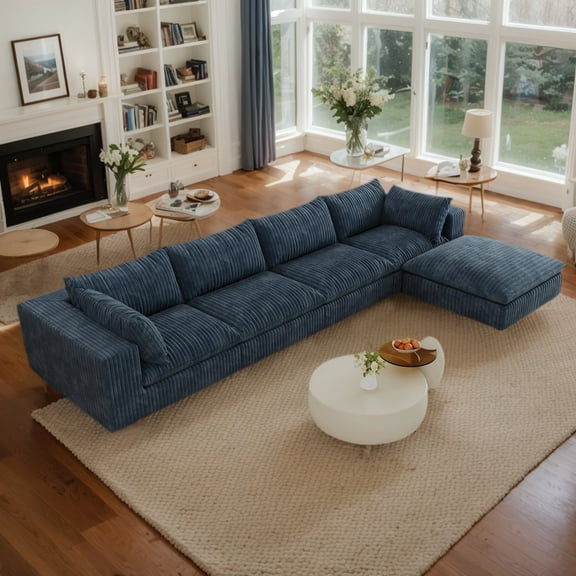 CKEASEAN 158" Corduroy Boneless Cloud Sectional Couch for Living Room, L Shape Flexible Modular Sectional Couches, No Assembly Required, Cozy Fluffy Sofa with Thick Cushion & Movable Ottoman