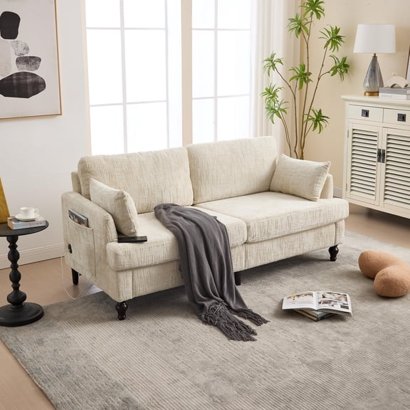 CKEASEAN 2-seater Loveseat Sofa with LED Light, USB Charging Port Included, Comfy Cloud Couch with Chenille Fabric, Modern Sofa Sets with Storage Bag, Rack for Office, Apartment