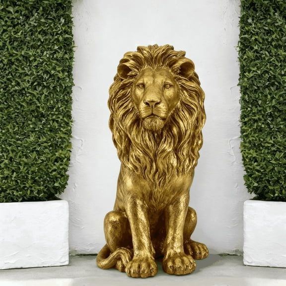 Eyisean 24"H Outdoor Resin Sitting Lion Statue, Large Golden Garden Art Sculpture with Lifelike Mane, Majestic Simulated Guardian Animal Decor for Villa, Entrance, Yard, Backyard, Weather-Resistant