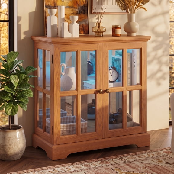 CKEASEAN 32''H Antique Curio Cabinet with Smartphone-Controlled Lights, Lighted Glass Display Cabinet, Retro Style Showcase with Lattice Doors, Rack for Bathroom and Living room