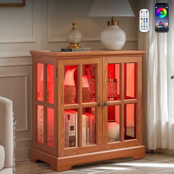 CKEASEAN 32''H Antique Curio Cabinet with Smartphone-Controlled Lights, Lighted Glass Display Cabinet, Retro Style Showcase with Lattice Doors, Rack for Bathroom and Living room
