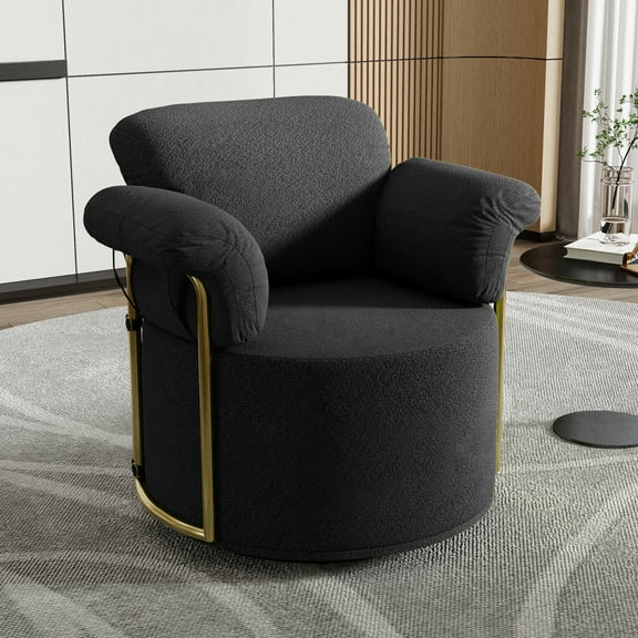 CKEASEAN 360 Degree Barrel Swivel Accent Sofa Chair, Modern Fluffy Upholstered Reading Chair with Boucle Fabric, Round Armchair with Metal Base, Single Sofa Chairs for Living Room/Bedroom/Lounge