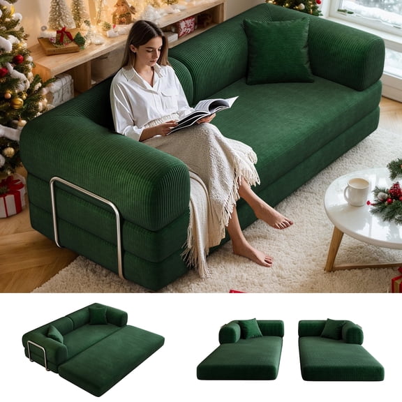 CKEASEAN  78.8" Corduroy Convertible Sleeper Sofa Bed, 4-in-1 Folding Pull Out Bed, Comfy Boneless Couch with Armrest , Modular Floor Couch with Pillow for Living Room/Apartment, No Assembly Required