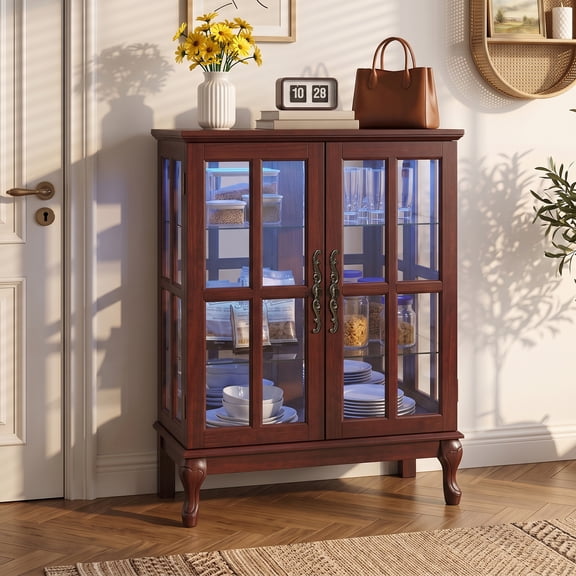 CKEASEAN 40"H 3-Tiers Curio Cabinet with Lattice Glass Door, Vintage Glass Display Cabinet with 2 Adjustable Shelves, LED Lighted & Mirrored Back Panel, Wooden Display Case for Living Room, Bedroom