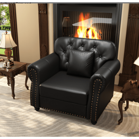 CKEASEAN 41” Mid-Century Faux Leather Single Sofa Chair with Button Tufting, Modern Chesterfield Sofa with Decorative Pillow, Nailhead Trim & Rolled Armrests, Rack for Living Room/Apartment