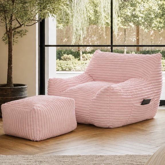 CKEASEAN 41.7" Corduroy Oversized Bean Bag Chair with Ottoman & Side Pocket, Comfy Reading Nook Lounge Chair with Armrests, Lazy Beanbag Floor Sofa for Adults, Bedroom, Living Room
