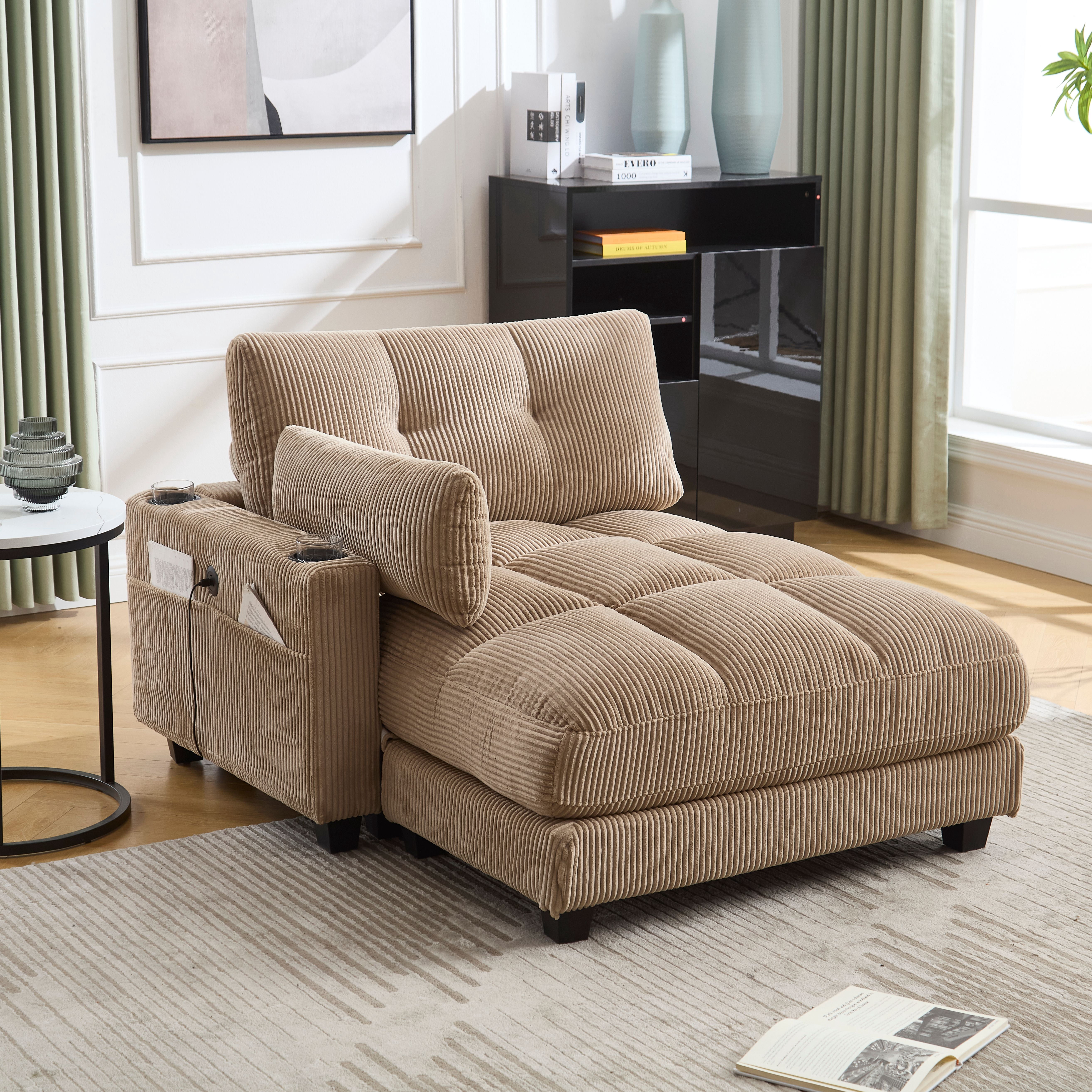 CKEASEAN 44'' Oversized Chaise Lounge Chair Indoor with Cup Holder ...