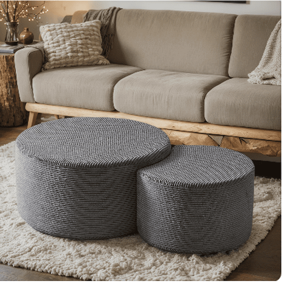 CKEASEAN 50" Modern Nesting Coffee Table Set of 2, Upholstered Round Center Tables with Ottoman, Side Table with Foam & Corduroy Fabric for Living Room, Apartment, No Assembly Needed