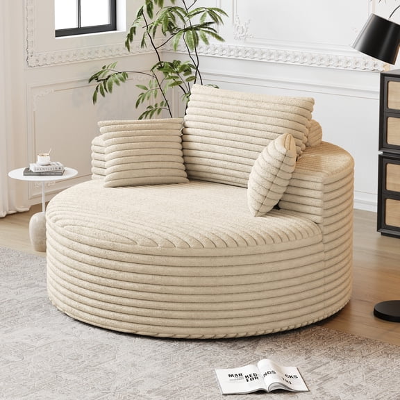 CKEASEAN 50" Oversized Round Chair Lounge Chaise Indoor, Modern Upholstered Corduroy Cloud Circle Chair with Deep Seat, Modern Sleeper Sofa for Reading and Living Room, No Assembly Required