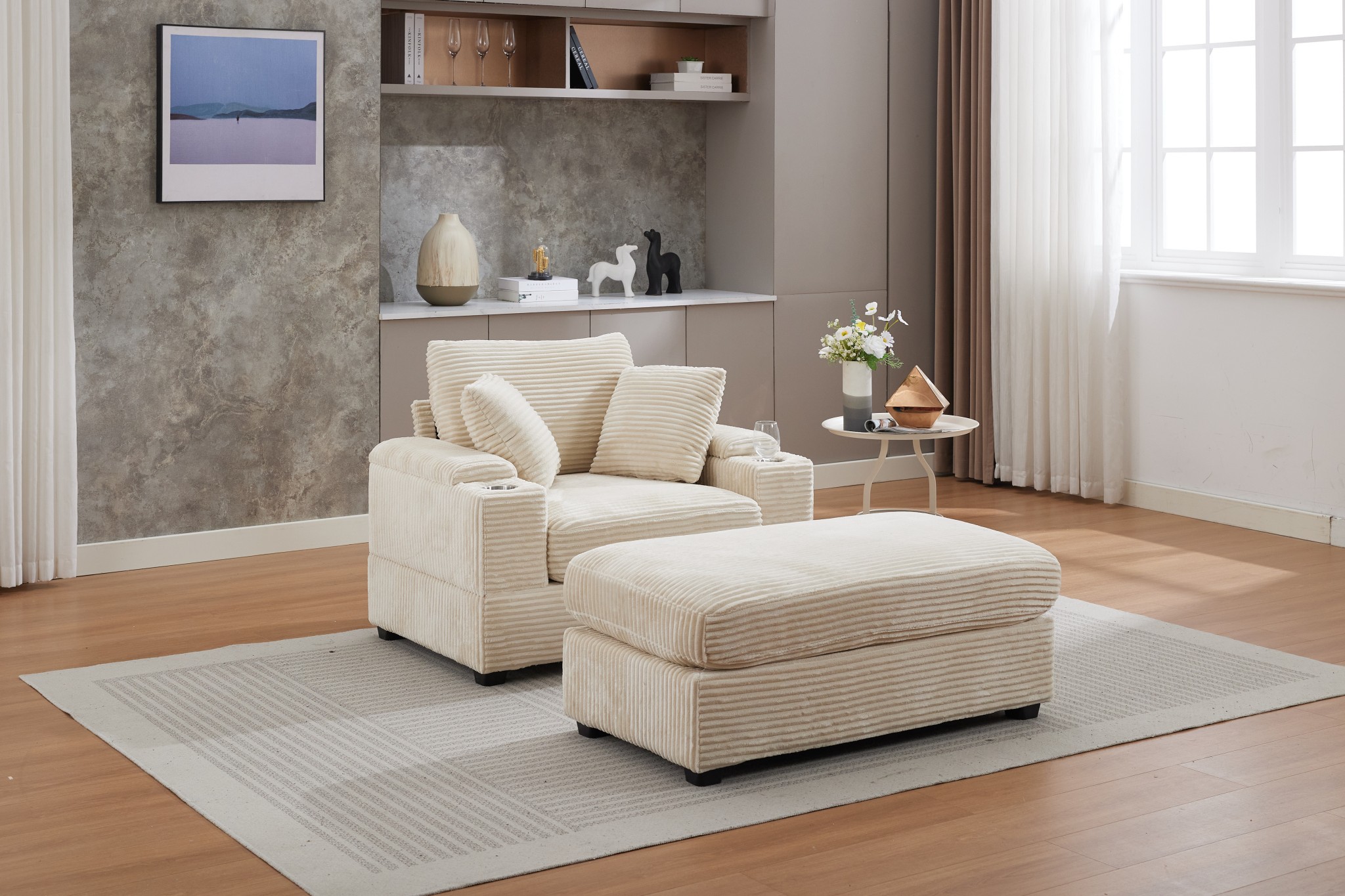 CKEASEAN 50"W Corduroy Upholstered Lounge Chair Indoor with Ottoman ...