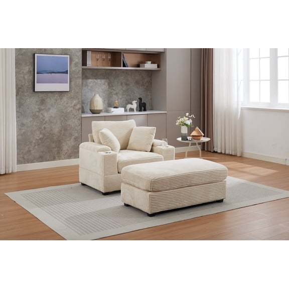 CKEASEAN 50"W Corduroy Upholstered Lounge Chair Indoor with Ottoman, Modern Sleeper Chaise with Armrest Storage & Cup Holder, Deep Seat Reading Chair with Removable Cushion for Living Room/Office
