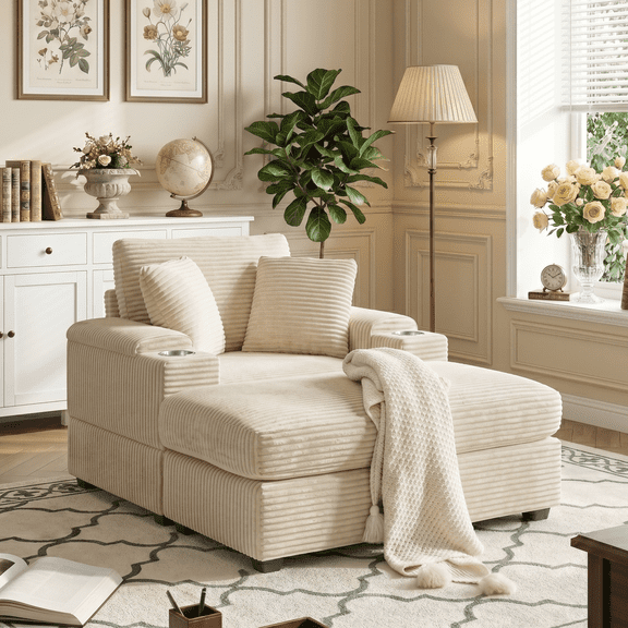 CKEASEAN 50"W Corduroy Upholstered Lounge Chair Indoor with Ottoman, Modern Sleeper Chaise with Armrest Storage & Cup Holder, Deep Seat Reading Chair with Removable Cushion for Living Room/Office